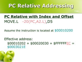 PC Relative Addressing PC Relative with Index and Offset MOVE.L  -20(PC,A2.L) ,D5  Assume the instruction is located at   $00010200 Effective address:  $00010202 + $00020030 + $FFFFFF EC  =  $0003021E Cont… 