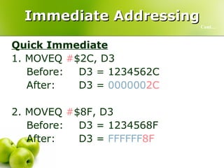 Immediate Addressing Quick Immediate 1. MOVEQ  # $2C, D3 Before: D3 = 1234562C After:  D3 =  000000 2C 2. MOVEQ  # $8F, D3 Before: D3 = 1234568F After:  D3 =  FFFFFF 8F Cont… 