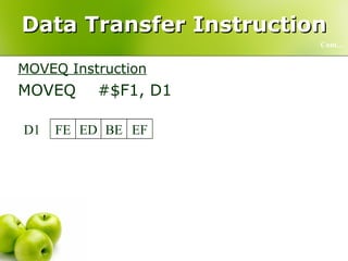Data Transfer Instruction MOVEQ Instruction MOVEQ  #$F1, D1 Cont… F1 FF FF FF D1 EF BE ED FE D1 