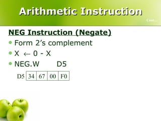 Arithmetic Instruction NEG Instruction (Negate) Form 2’s complement X    0 - X NEG.W D5  Cont… 10 FF 67 34 D5 F0 00 67 34 D5 