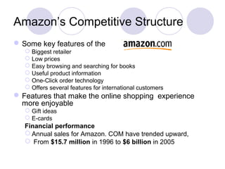 Amazon’s Competitive Structure
Some key features of the are:
 Biggest retailer
 Low prices
 Easy browsing and searching for books
 Useful product information
 One-Click order technology
 Offers several features for international customers
Features that make the online shopping experience
more enjoyable
 Gift ideas
 E-cards
Financial performance
 Annual sales for Amazon. COM have trended upward,
 From $15.7 million in 1996 to $6 billion in 2005
 