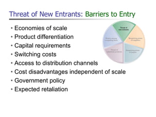 Threat of New Entrants: Barriers to Entry
• Economies of scale
• Product differentiation
• Capital requirements
• Switching costs
• Access to distribution channels
• Cost disadvantages independent of scale
• Government policy
• Expected retaliation
 