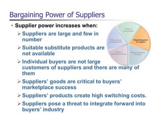 Bargaining Power of Suppliers
• Supplier power increases when:
Suppliers are large and few in
number
Suitable substitute products are
not available
Individual buyers are not large
customers of suppliers and there are many of
them
Suppliers’ goods are critical to buyers’
marketplace success
Suppliers’ products create high switching costs.
Suppliers pose a threat to integrate forward into
buyers’ industry
 