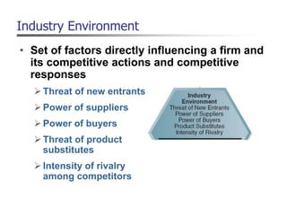 Industry Environment
• Set of factors directly influencing a firm and
its competitive actions and competitive
responses
Threat of new entrants
Power of suppliers
Power of buyers
Threat of product
substitutes
Intensity of rivalry
among competitors
 