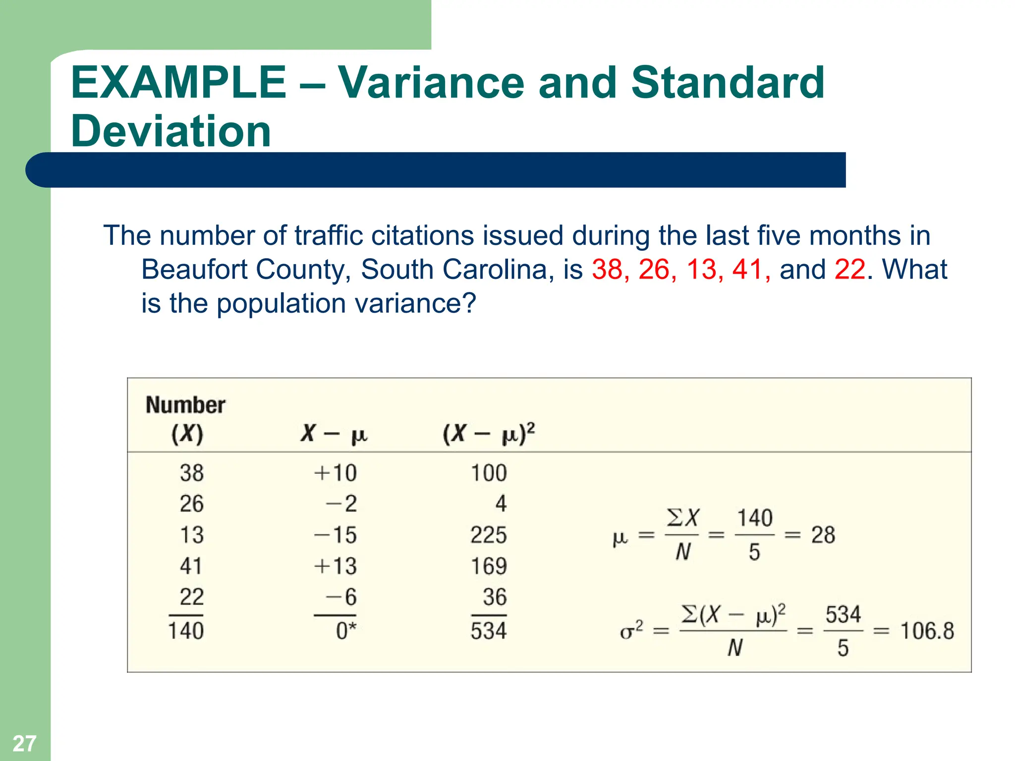 27
EXAMPLE – Variance and Standard
Deviation
The number of traffic citations issued during the last five months in
Beaufort County, South Carolina, is 38, 26, 13, 41, and 22. What
is the population variance?
 