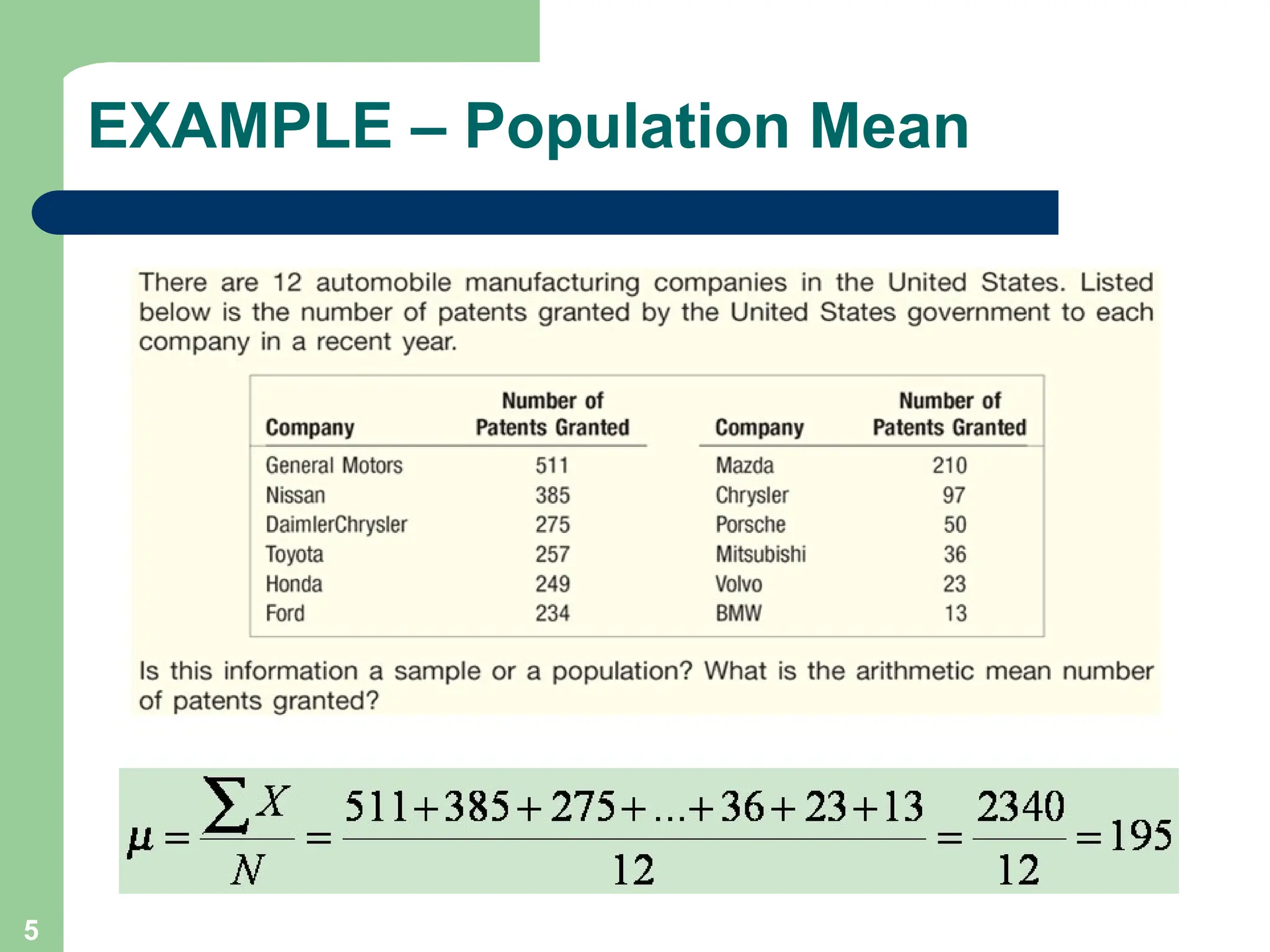 5
EXAMPLE – Population Mean
 
