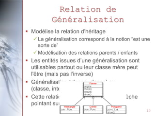Relation de
Généralisation
 Modélise la relation d’héritage
 La généralisation correspond à la notion “est une
sorte de”
 Modélisation des relations parents / enfants

 Les entités issues d’une généralisation sont
utilisables partout ou leur classe mère peut
l'être (mais pas l’inverse)
 Généralisation (classe, classe) ou
(classe, interface)
 Cette relation est modélisée par une flèche
pointant sur la classe mère
13

 