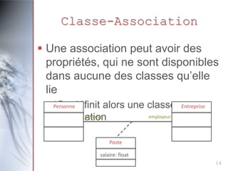 Classe-Association
 Une association peut avoir des
propriétés, qui ne sont disponibles
dans aucune des classes qu’elle
lie
On définit alors une classe- Entreprise
Personne
employé
employeur
association
Poste
salaire: float
14

 