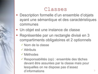 Classes
 Description formelle d’un ensemble d’objets
ayant une sémantique et des caractéristiques
communes
 Un objet est une instance de classe
 Représentée par un rectangle divisé en 3
compartiments obligatoires et 2 optionnels
 Nom de la classe
 Attributs
 Méthodes
 Responsabilités (op) : ensemble des tâches
devant être assurées par la classe mais pour
lesquelles on ne dispose pas d’assez
d’informations

3

 