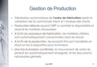 Gestion de Production
 Génération automatique de l’ordre de fabrication après la
validation de la commande client et l’analyse des stocks
 Production débute quand l’ERP a contrôlé la disponibilité et
réservé les matières nécessaires
 A la fin du processus de fabrication, les matières utilisées
sont automatiquement consommées dans les stocks
 A la fin de la production, les produits finis sont transférés en
stock et mis à disposition pour la livraison
 Une fois la livraison confirmée, le mouvement de sortie du
produit est automatiquement enregistré, et les documents
nécessaires générés
22/10/12

Les ERP

13

 