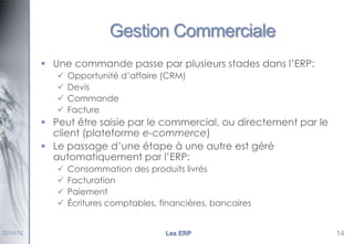 Gestion Commerciale
 Une commande passe par plusieurs stades dans l’ERP:





Opportunité d’affaire (CRM)
Devis
Commande
Facture

 Peut être saisie par le commercial, ou directement par le
client (plateforme e-commerce)
 Le passage d’une étape à une autre est géré
automatiquement par l’ERP:





22/10/12

Consommation des produits livrés
Facturation
Paiement
Écritures comptables, financières, bancaires

Les ERP

14

 