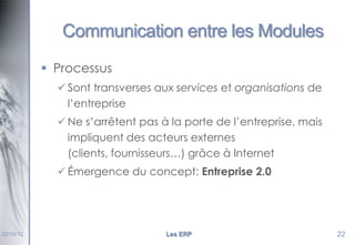 Communication entre les Modules
 Processus
 Sont transverses aux services et organisations de
l’entreprise
 Ne s’arrêtent pas à la porte de l’entreprise, mais
impliquent des acteurs externes
(clients, fournisseurs…) grâce à Internet
 Émergence du concept: Entreprise 2.0

22/10/12

Les ERP

22

 