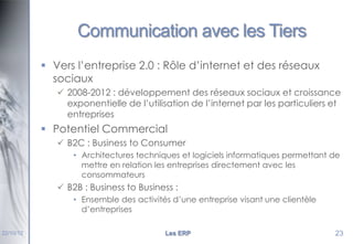 Communication avec les Tiers
 Vers l’entreprise 2.0 : Rôle d’internet et des réseaux
sociaux
 2008-2012 : développement des réseaux sociaux et croissance
exponentielle de l’utilisation de l’internet par les particuliers et
entreprises

 Potentiel Commercial
 B2C : Business to Consumer
• Architectures techniques et logiciels informatiques permettant de
mettre en relation les entreprises directement avec les
consommateurs

 B2B : Business to Business :
• Ensemble des activités d’une entreprise visant une clientèle
d’entreprises
22/10/12

Les ERP

23

 