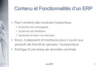 Contenu et Fonctionnalités d’un ERP
 Peut contenir des modules horizontaux
 Systèmes de messagerie
 Systèmes de Workflow
 Systèmes d’aide à la décision

 Sinon, il disposent d’interfaces pour s’ouvrir aux
produits de travail en groupe + bureautique
 Partage d’une base de données centrale

22/10/12

Les ERP

5

 