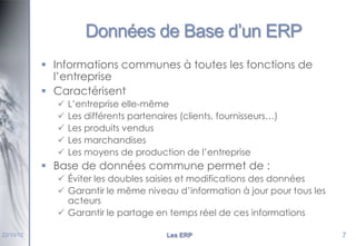 Données de Base d’un ERP
 Informations communes à toutes les fonctions de
l’entreprise
 Caractérisent






L’entreprise elle-même
Les différents partenaires (clients, fournisseurs…)
Les produits vendus
Les marchandises
Les moyens de production de l’entreprise

 Base de données commune permet de :
 Éviter les doubles saisies et modifications des données
 Garantir le même niveau d’information à jour pour tous les
acteurs
 Garantir le partage en temps réel de ces informations
22/10/12

Les ERP

7

 