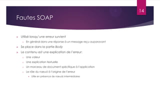 14

Fautes SOAP


Utilisé lorsqu’une erreur survient
o

En général dans une réponse à un message reçu auparavant



Se place dans la partie Body



Le contenu est une explication de l’erreur:
o

Une valeur

o

Une explication textuelle

o

Un morceau de document spécifique à l’application

o

Le rôle du nœud à l’origine de l’erreur


Utile en présence de nœuds intermédiaires

 