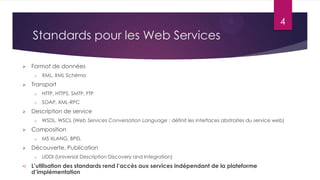 4

Standards pour les Web Services


Format de données
o



XML, XML Schéma

Transport
o
o



HTTP, HTTPS, SMTP, FTP
SOAP, XML-RPC

Description de service
o



Composition
o



MS XLANG, BPEL

Découverte, Publication
o

➪

WSDL, WSCL (Web Services Conversation Language : définit les interfaces abstraites du service web)

UDDI (Universal Description Discovery and Integration)

L’utilisation des standards rend l’accès aux services indépendant de la plateforme
d’implémentation

 