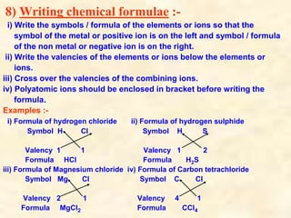 8) Writing chemical formulae :-
i) Write the symbols / formula of the elements or ions so that the
symbol of the metal or positive ion is on the left and symbol / formula
of the non metal or negative ion is on the right.
ii) Write the valencies of the elements or ions below the elements or
ions.
iii) Cross over the valencies of the combining ions.
iv) Polyatomic ions should be enclosed in bracket before writing the
formula.
Examples :-
i) Formula of hydrogen chloride ii) Formula of hydrogen sulphide
Symbol H Cl Symbol H S
Valency 1 1 Valency 1 2
Formula HCl Formula H2S
iii) Formula of Magnesium chloride iv) Formula of Carbon tetrachloride
Symbol Mg Cl Symbol C Cl
Valency 2 1 Valency 4 1
Formula MgCl2 Formula CCl4
 