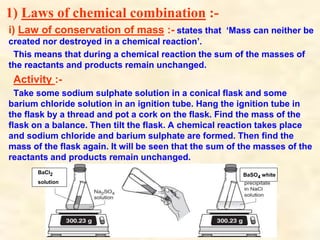1) Laws of chemical combination :-
i) Law of conservation of mass :- states that ‘Mass can neither be
created nor destroyed in a chemical reaction’.
This means that during a chemical reaction the sum of the masses of
the reactants and products remain unchanged.
Activity :-
Take some sodium sulphate solution in a conical flask and some
barium chloride solution in an ignition tube. Hang the ignition tube in
the flask by a thread and pot a cork on the flask. Find the mass of the
flask on a balance. Then tilt the flask. A chemical reaction takes place
and sodium chloride and barium sulphate are formed. Then find the
mass of the flask again. It will be seen that the sum of the masses of the
reactants and products remain unchanged.
BaCl2
solution
BaSO4 white
 