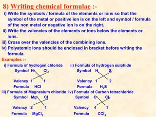 8) Writing chemical formulae :-
i) Write the symbols / formula of the elements or ions so that the
symbol of the metal or positive ion is on the left and symbol / formula
of the non metal or negative ion is on the right.
ii) Write the valencies of the elements or ions below the elements or
ions.
iii) Cross over the valencies of the combining ions.
iv) Polyatomic ions should be enclosed in bracket before writing the
formula.
Examples :-
i) Formula of hydrogen chloride ii) Formula of hydrogen sulphide
Symbol H Cl Symbol H S
Valency 1 1 Valency 1 2
Formula HCl Formula H2S
iii) Formula of Magnesium chloride iv) Formula of Carbon tetrachloride
Symbol Mg Cl Symbol C Cl
Valency 2 1 Valency 4 1
Formula MgCl2 Formula CCl4
 