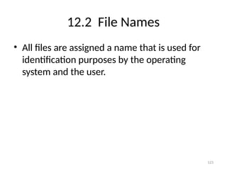123
12.2 File Names
• All files are assigned a name that is used for
identification purposes by the operating
system and the user.
 