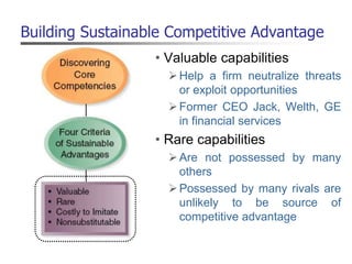 Building Sustainable Competitive Advantage
• Valuable capabilities
Help a firm neutralize threats
or exploit opportunities
Former CEO Jack, Welth, GE
in financial services
• Rare capabilities
Are not possessed by many
others
Possessed by many rivals are
unlikely to be source of
competitive advantage
 