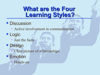 What are the FourWhat are the Four
Learning Styles?Learning Styles?
 Discussion
• Active involvement in communication
 Logic
• Just the facts
 Design
• Clear picture of relationships
 Emotion
• Hands-on
 