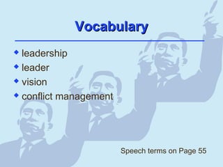 VocabularyVocabulary
 leadership
 leader
 vision
 conflict management
Speech terms on Page 55
 