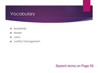 Vocabulary
 leadership
 leader
 vision
 conflict management
Speech terms on Page 55
 
