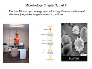 Microbiology Chapter 3, part 2
• Electron Microscope: energy source for magnification is a beam of
electrons (negative charged subatomic particles
 