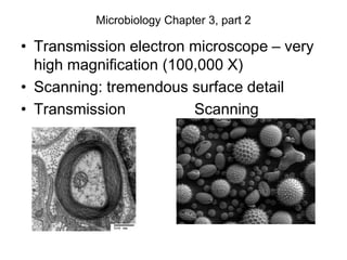 Microbiology Chapter 3, part 2
• Transmission electron microscope – very
high magnification (100,000 X)
• Scanning: tremendous surface detail
• Transmission Scanning
 