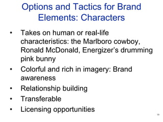 10
Options and Tactics for Brand
Elements: Characters
• Takes on human or real-life
characteristics: the Marlboro cowboy,
Ronald McDonald, Energizer’s drumming
pink bunny
• Colorful and rich in imagery: Brand
awareness
• Relationship building
• Transferable
• Licensing opportunities
 