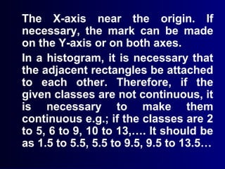 The X-axis near the origin. If
necessary, the mark can be made
on the Y-axis or on both axes.
In a histogram, it is necessary that
the adjacent rectangles be attached
to each other. Therefore, if the
given classes are not continuous, it
is necessary to make them
continuous e.g.; if the classes are 2
to 5, 6 to 9, 10 to 13,…. It should be
as 1.5 to 5.5, 5.5 to 9.5, 9.5 to 13.5…
 