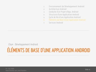ÉLÉMENTS DE BASE D’UNE APPLICATION ANDROID
Chp4 : Développement Android
Dr. Lilia SFAXI
www.liliasfaxi.wix.com/liliasfaxi
Slide 41
1. Environnement de Développement Android
2. Architecture Android
3. Conduite d’un Projet d’App. Android
4. Structure d’une Application Android
5. Cycle de Vie d’une Application Android
6. Éléments de Base d’une Application Android
7. Services Android
 