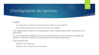 14

Chorégraphie de Services


Dédiée
o

Aux processus complexes ayant plusieurs parties qui interagissent

o

Aux systèmes basés sur les évènements et sur les agents



Des règles déterminent le comportement de chaque participant individuel d’un
processus



Le comportement global du processus est basé sur l’interaction des différentes
parties, chacune suivant son propre rôle de manière autonome.



Deux approches:
o

Basée sur les messages

o

Basée sur les composants fonctionnels

 