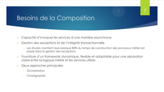 7

Besoins de la Composition


Capacité d’invoquer les services d’une manière asynchrone



Gestion des exceptions et de l’intégrité transactionnelle
o

Les études montrent que presque 80% du temps de construction des processus métier est
passé dans la gestion des exceptions



Fourniture d’un framework dynamique, flexible et adaptable pour une séparation
claire entre la logique métier et les services utilisés



Deux approches principales
o

Orchestration

o

Chorégraphie

 