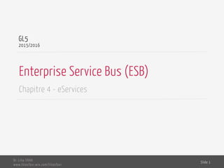 Enterprise Service Bus (ESB)
Chapitre 4 - eServices
GL5
2015/2016
Dr. Lilia SFAXI
www.liliasfaxi.wix.com/liliasfaxi
Slide 1
 