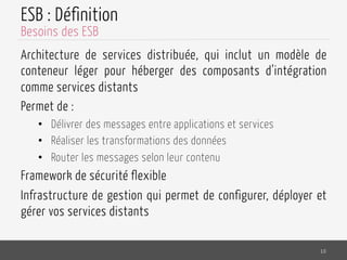 ESB : Définition
Architecture de services distribuée, qui inclut un modèle de
conteneur léger pour héberger des composants d’intégration
comme services distants
Permet de :
•  Délivrer des messages entre applications et services
•  Réaliser les transformations des données
•  Router les messages selon leur contenu
Framework de sécurité flexible
Infrastructure de gestion qui permet de configurer, déployer et
gérer vos services distants
10
Besoins des ESB
 
