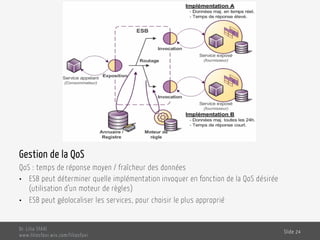 Gestion de la QoS
QoS : temps de réponse moyen / fraîcheur des données
•  ESB peut déterminer quelle implémentation invoquer en fonction de la QoS désirée
(utilisation d’un moteur de règles)
•  ESB peut géolocaliser les services, pour choisir le plus approprié
Dr. Lilia SFAXI
www.liliasfaxi.wix.com/liliasfaxi
Slide 24
 
