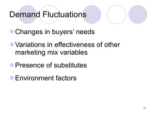 Demand Fluctuations Changes in buyers’ needs Variations in effectiveness of other marketing mix variables Presence of substitutes Environment factors 