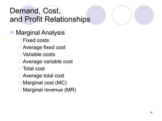 Demand, Cost,  and Profit Relationships Marginal Analysis Fixed costs Average fixed cost Variable costs Average variable cost Total cost Average total cost Marginal cost (MC)  Marginal revenue (MR) 