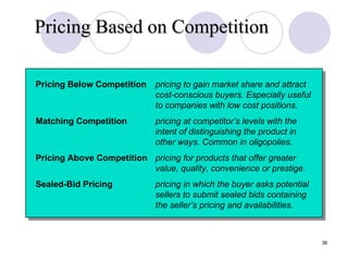 Pricing Based on Competition Slide 12-8 Pricing Below Competition pricing to gain market share and attract cost-conscious buyers. Especially useful to companies with low cost positions. Matching Competition pricing at competitor’s levels with the intent of distinguishing the product in other ways. Common in oligopolies. Pricing Above Competition  pricing for products that offer greater value, quality, convenience or prestige. Sealed-Bid Pricing pricing in which the buyer asks potential sellers to submit sealed bids containing the seller’s pricing and availabilities. 