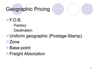 Geographic Pricing F.O.B. Factory Destination Uniform geographic (Postage-Stamp) Zone Base-point Freight Absorption 
