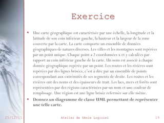 Exercice
 Une carte géographique est caractérisée par une échelle, la
longitude et la latitude de son coin inférieur gauche, la hauteur
et la largeur de la zone couverte par la carte. La carte
comporte un ensemble de données géographiques de natures
diverses. Les villes et les montagnes sont repérées par un
point unique. Chaque point a 2 coordonnées x et y calculées
par rapport au coin inférieur gauche de la carte. Un nom est
associé à chaque donnée géographique repérée par un point.
Les routes et les rivières sont repérées par des lignes brisées,
c’est à dire par un ensemble de points correspondant aux
extrémités de ses segments de droite. Les routes et les
rivières ont des noms et des épaisseurs de trait. Les lacs,
mers et forêts sont représentées par des régions
caractérisées par un nom et une couleur de remplissage. Une
région est une ligne brisée refermée sur elle même.
Atelier de de classe UML permettant de
27/02/2014 Donnez un diagrammeGénie Logiciel
19
représenter une telle carte.

 