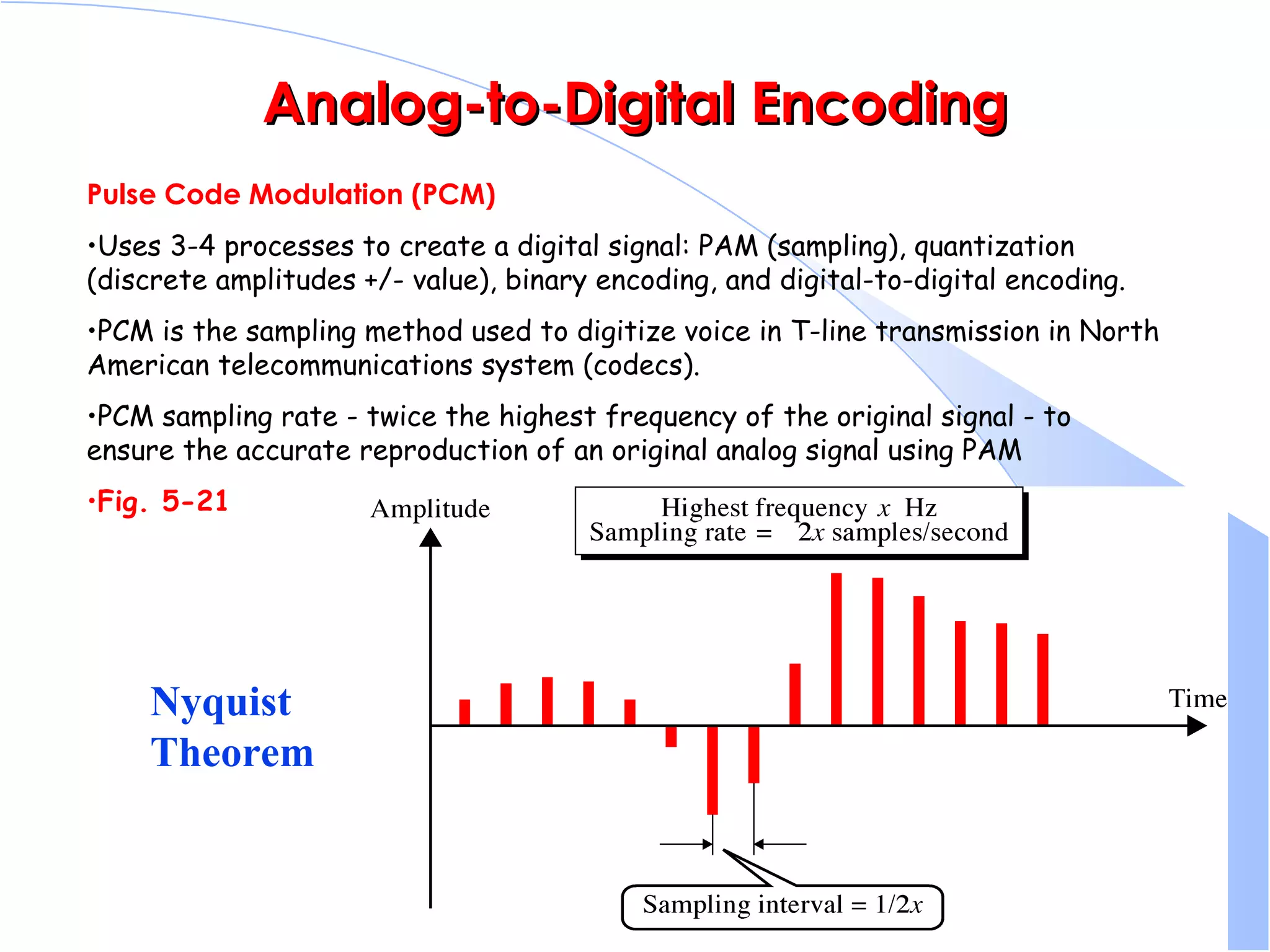 Analog-to-Digital Encoding Pulse Code Modulation (PCM) Uses 3-4 processes to create a digital signal: PAM (sampling), quantization (discrete amplitudes +/- value), binary encoding, and digital-to-digital encoding. PCM is the sampling method used to digitize voice in T-line transmission in North American telecommunications system (codecs).  PCM sampling rate - twice the highest frequency of the original signal - to ensure the accurate reproduction of an original analog signal using PAM Fig. 5-21 Nyquist Theorem 