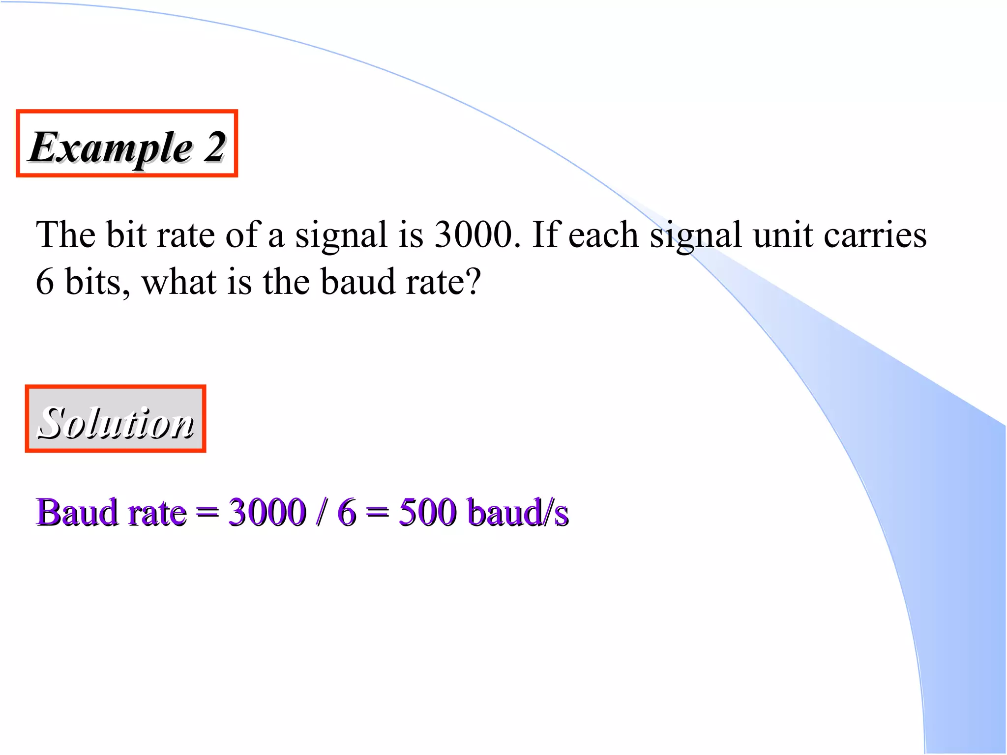 Example 2 The bit rate of a signal is 3000. If each signal unit carries 6 bits, what is the baud rate? Solution Baud rate = 3000 / 6 = 500 baud/s 