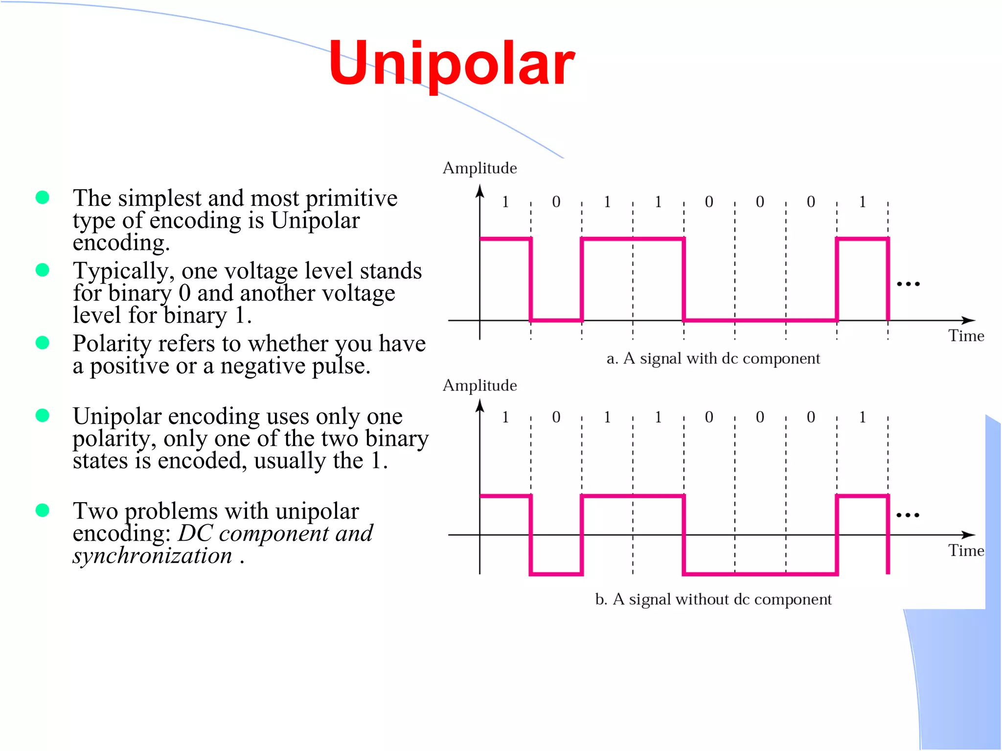 Unipolar The simplest and most primitive type of encoding is Unipolar encoding.  Typically, one voltage level stands for binary 0 and another voltage level for binary 1.  Polarity refers to whether you have a positive or a negative pulse.  Unipolar encoding uses only one polarity, only one of the two binary states is encoded, usually the 1.  Two problems with unipolar encoding:  DC component and synchronization  .  