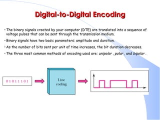Digital-to-Digital Encoding The binary signals created by your computer (DTE) are translated into a sequence of voltage pulses that can be sent through the transmission medium.  Binary signals have two basic parameters: amplitude and duration.  As the number of bits sent per unit of time increases, the bit duration decreases.  The three most common methods of encoding used are:  unipolar  ,  polar  , and  bipolar  .  