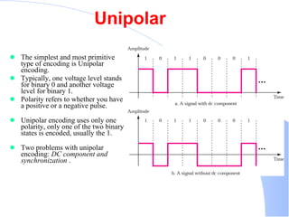 Unipolar The simplest and most primitive type of encoding is Unipolar encoding.  Typically, one voltage level stands for binary 0 and another voltage level for binary 1.  Polarity refers to whether you have a positive or a negative pulse.  Unipolar encoding uses only one polarity, only one of the two binary states is encoded, usually the 1.  Two problems with unipolar encoding:  DC component and synchronization  .  