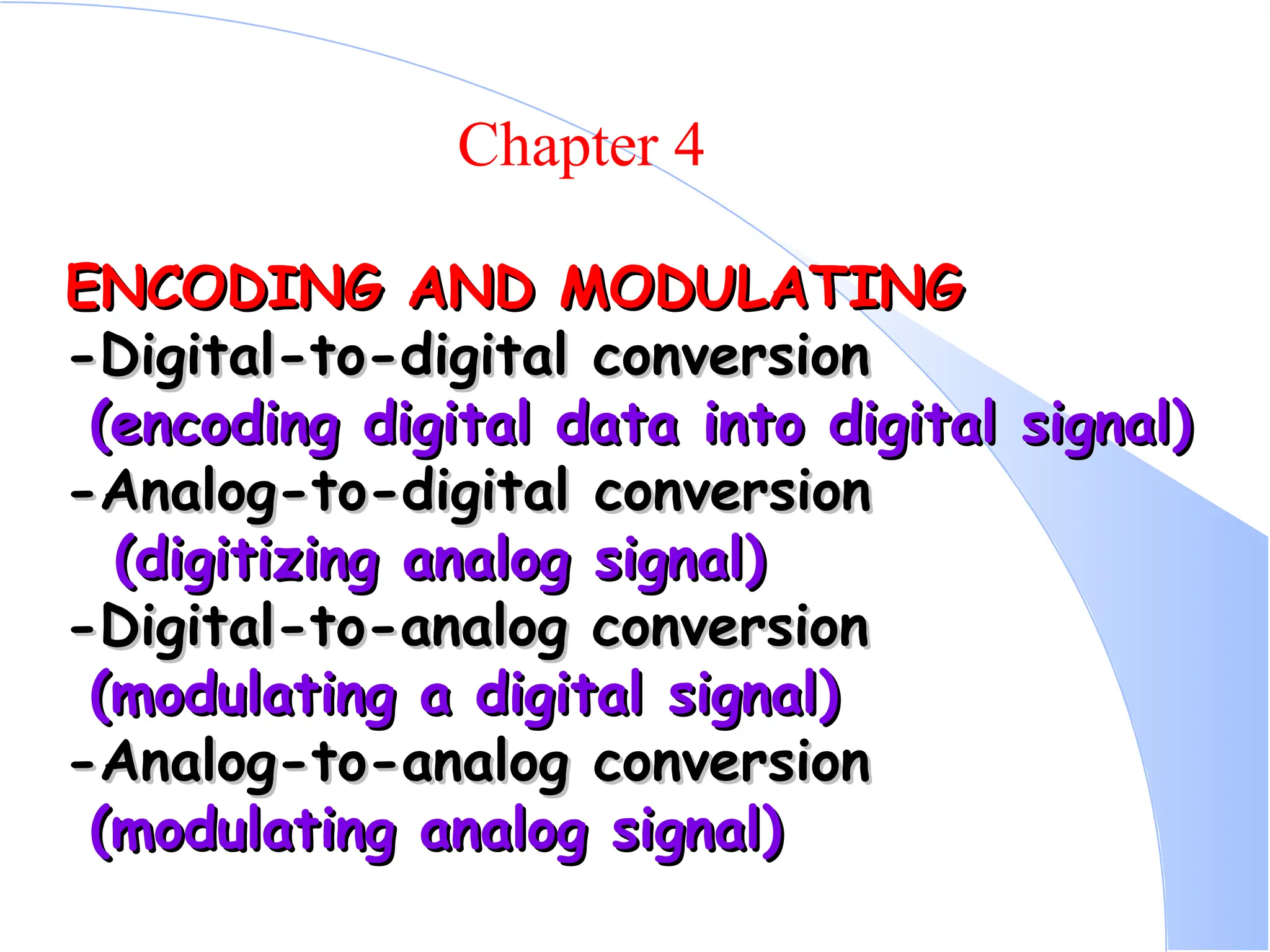 ENCODING AND MODULATING ENCODING AND MODULATING -Digital-to-digital conversion -Digital-to-digital conversion (encoding digital data into digital signal) (encoding digital data into digital signal) -Analog-to-digital conversion -Analog-to-digital conversion (digitizing analog signal) (digitizing analog signal) -Digital-to-analog conversion -Digital-to-analog conversion (modulating a digital signal) (modulating a digital signal) -Analog-to-analog conversion -Analog-to-analog conversion (modulating analog signal) (modulating analog signal) Chapter 4 